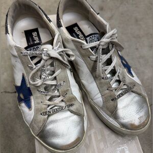 Golden Goose White and Silver Sneakers with Blue Star Accent